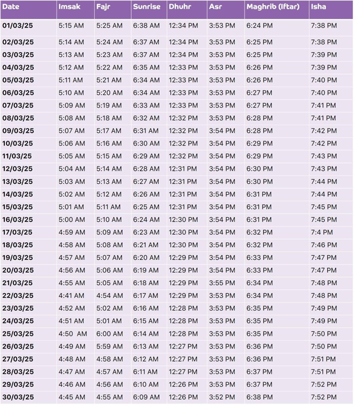 Ramadan Calendar and prayer timings