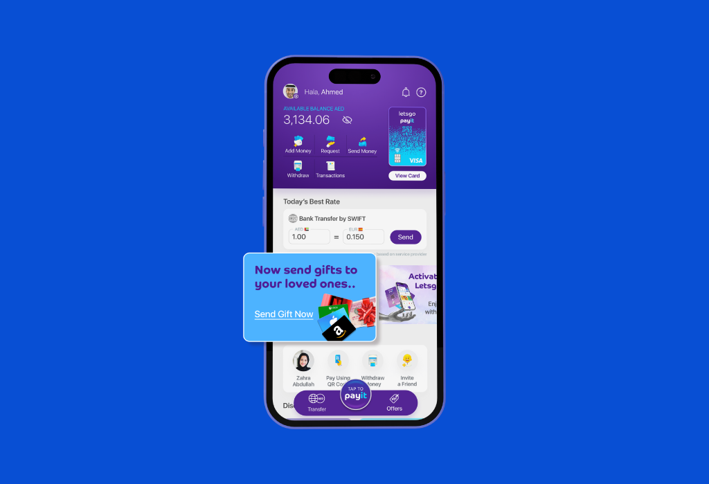 payit mobile application interface with instruction on how to send e gift