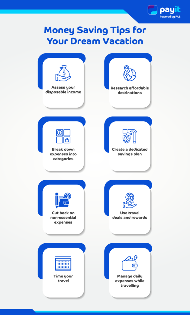 infographic with 8 icons illustrating money-saving tips for your dream vacation
